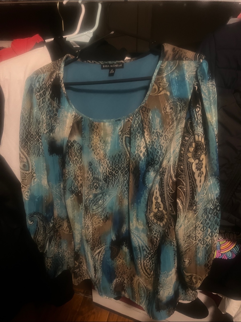 Sara Michelle Blue and Brown Paisley Scoop Neck Blouse